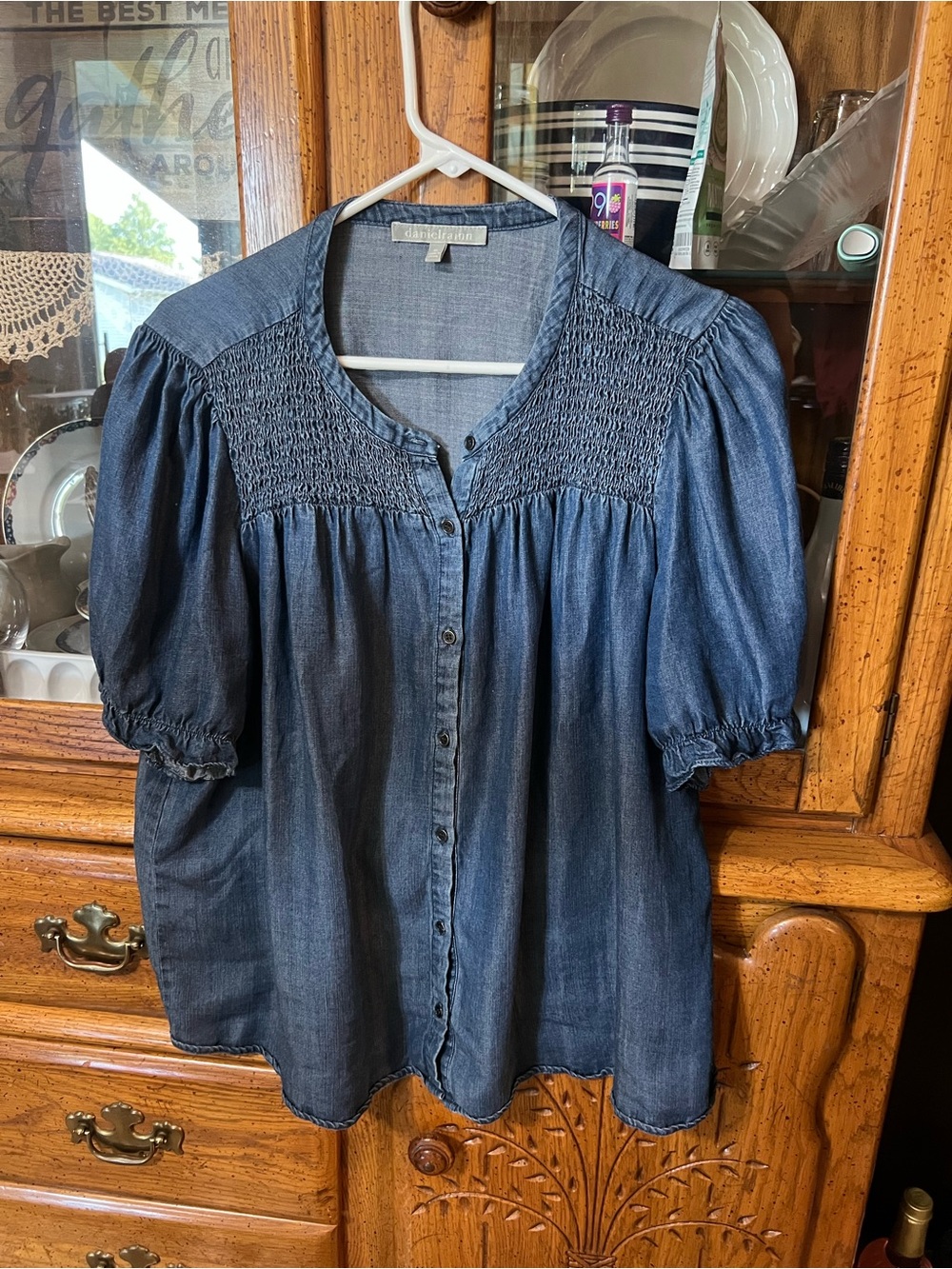 Daniel Rainn Indigo Chambray Smocked Button-Front Blouse